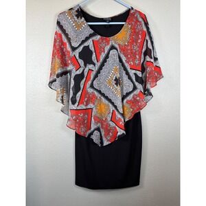 EN FOCUS STUDIO Women Black‎ Sheath Dress Geometric Print Cape Overlay Sz 6